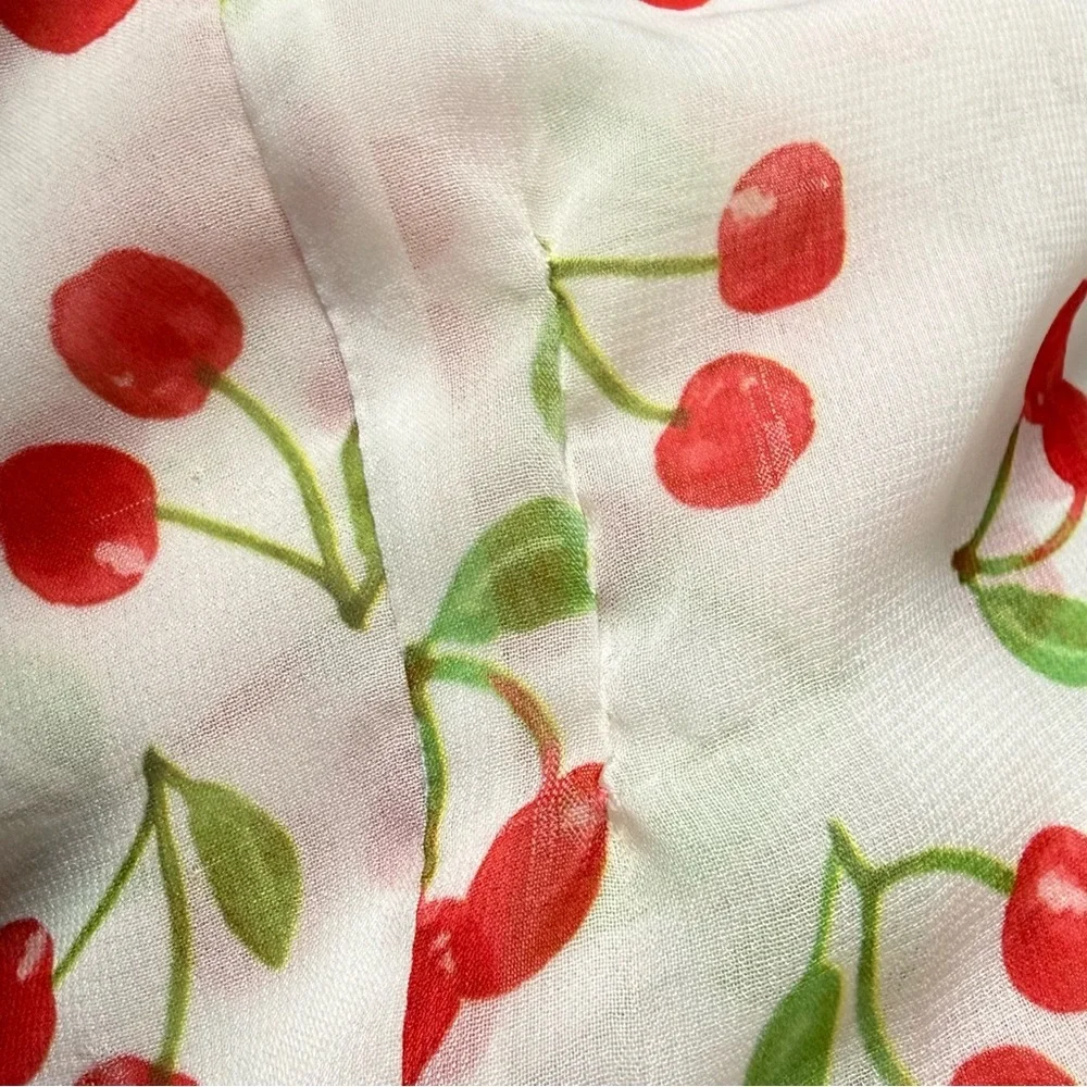 NWT CAROLINE CONSTAS Y2K Cherry Print Smocked Off Shoulder Swim Coverup Dress XS
